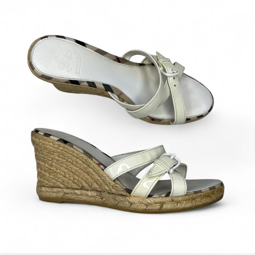 Burberry Nova check white patent Leather espadrille wedges sandals EU 38